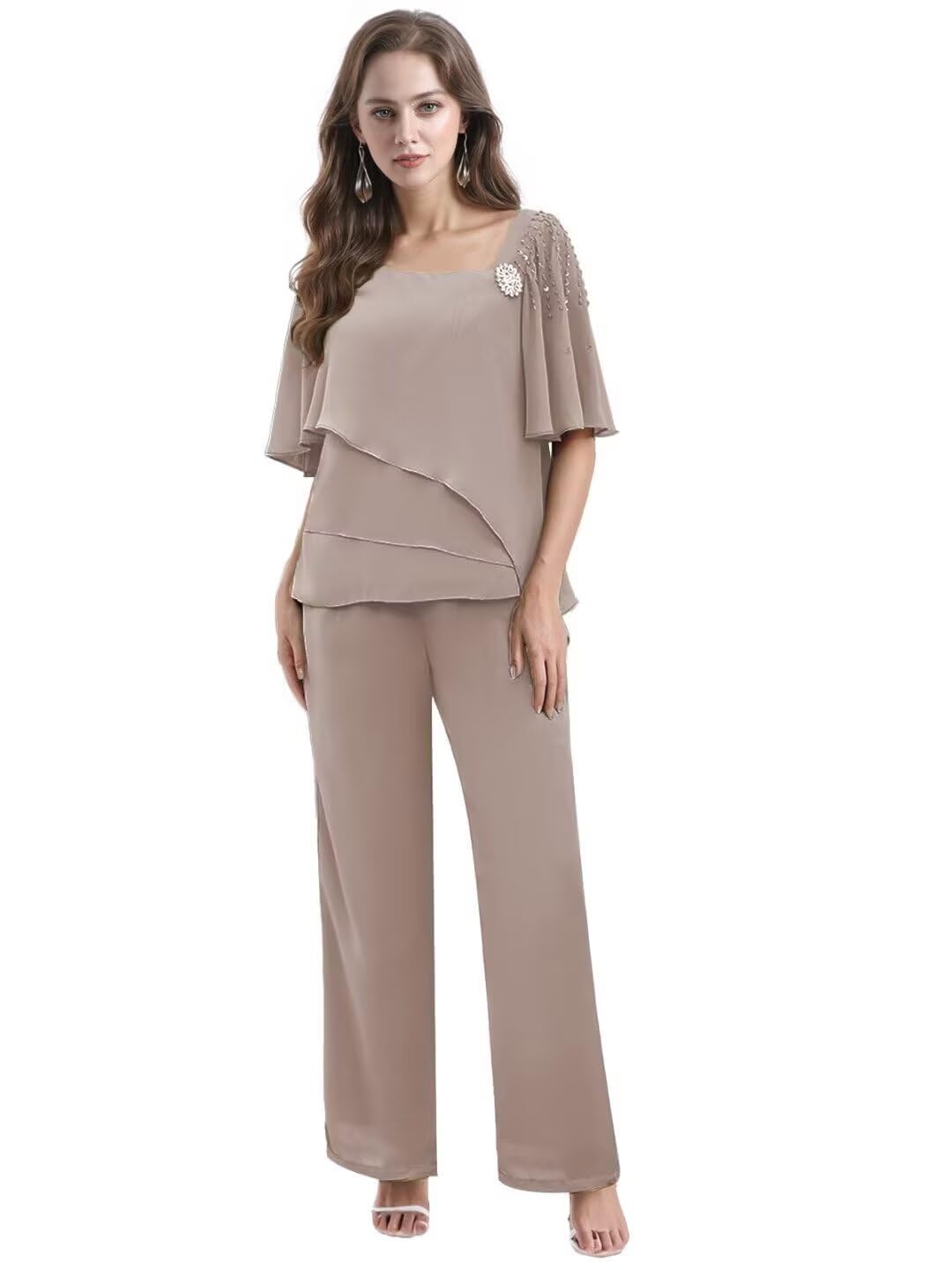 2 Piece Mother of The Bride Pant Suits for Wedding Chiffon Bead Formal Guest Dresses with Ruffle DM10