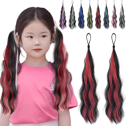 エクステ 子供 ダンス カールエクステ ゴム付き 2本セット キッズ 巻き髪 カラー ロング ヘアエクステ 毛束 ポニーテール お団子 三つ編み 付け毛 レディース 耐熱 人工毛 自然 簡単取り付け ヘアアレンジ 髪飾り ヘアアクセサリー 発表会 舞台用 (レッド)