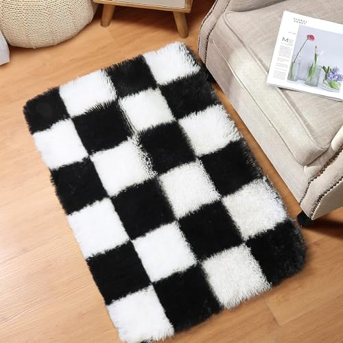 Image of KICMOR Small Rug for Bedroom, 2x3 Fluffy Soft Black and White Checkered Rug Fuzzy Shaggy Bedside Carpet, Indoor Furry Plush Small Throw Rug for Living Room Nursery Kids Girls Boys Room Home Decor