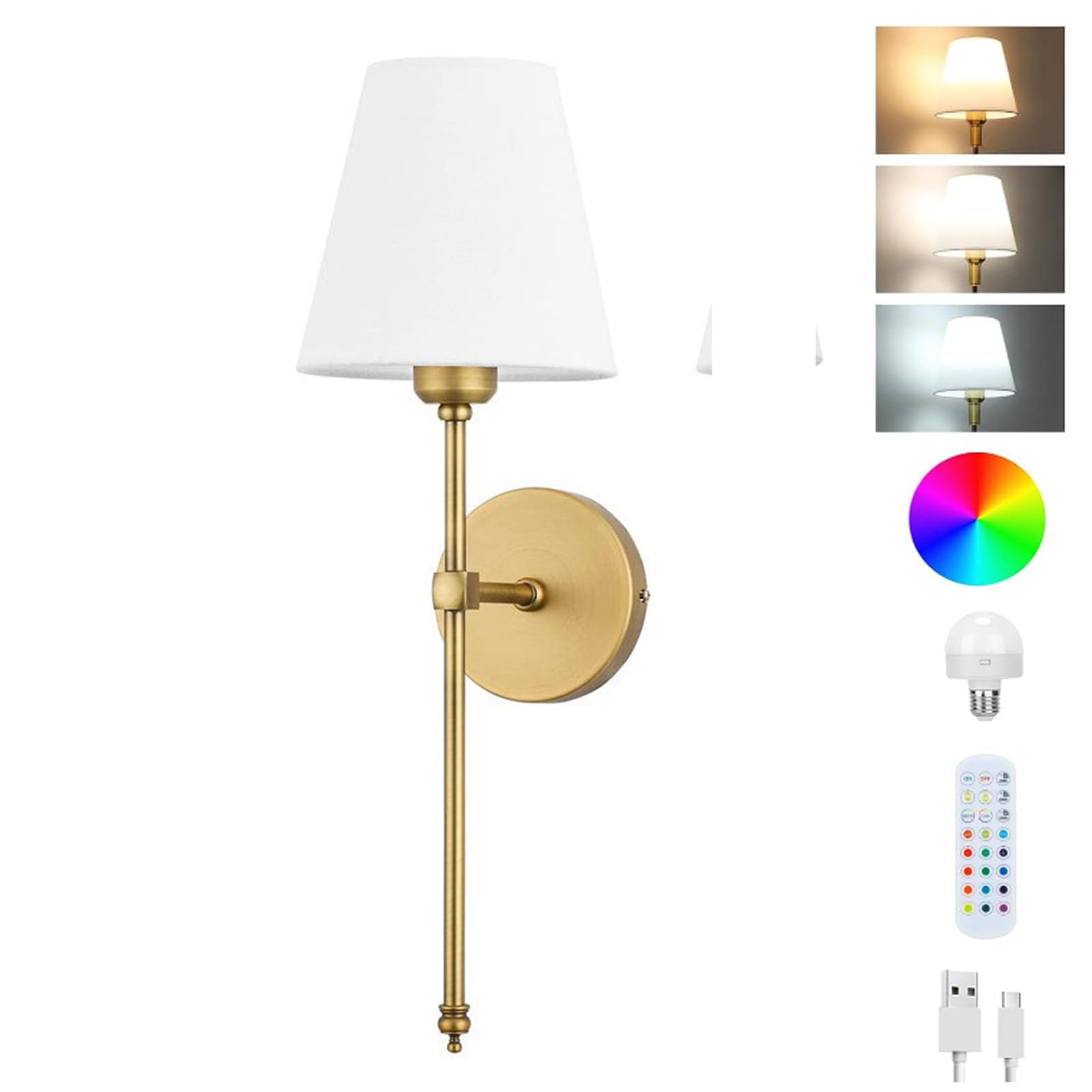 Juego de 2 apliques de pared recargables estilo granja, luz inalámbrica con control remoto negro, luces recargables para interiores, lámpara vintage de brazo largo con brazo de tela blanca para velas
