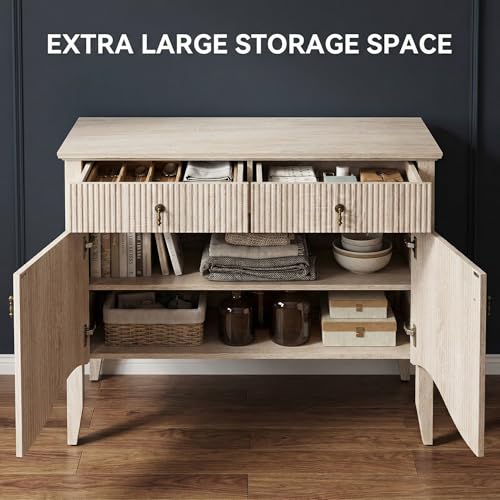 Image of FUSUNBAO 40 inch Fluted Buffet Cabinet, Sideboard Credenza with Drawer,Walnut | Retro,Storage Cabinet,Fluted Sideboard Credenza, 2 Drawer, Accent Bar Cabinet, For Living Room, Dining Room, Entryway