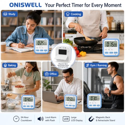 Image of Digital Kitchen Timer & Stopwatch | Large LCD Display, 24-Hour Countdown Timer with Loud Alarm & Flashing Light | Magnetic Back & Retractable Stand | Study, Cooking, Baking, Office & Gym
