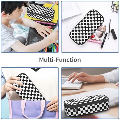 Image of Black White Checkered Pencil Case Organizer Big Capacity Pencil Pouch Stationery With Zipper School Supplies Pencil Bag For Girls Boys Office