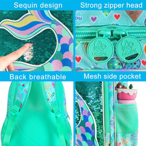 Image of CCJPX 16 inch Mermaid Backpack for Girls, 3Pcs Kids Sequin Bookbag with Lunch Box, Water Resistant Elementary School Bag for Kindergarten Preschool Toddler (Green)