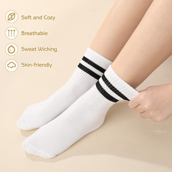WKLOUYHE 6 Pairs Striped Crew Socks Tennis Socks Sports Socks Boy Girl White Sports White Crew Socks School Casual Work Walking_Free Size 1