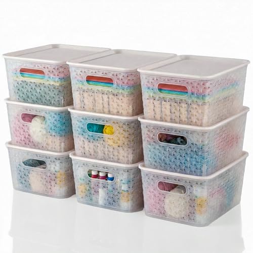Kuber Industries 9 Pcs Plastic Large Solitaire Storage Basket with Lid & Handle | Multipurpose Storage Rectangular Box for Cloths Toys & Books | H5 - Transparent