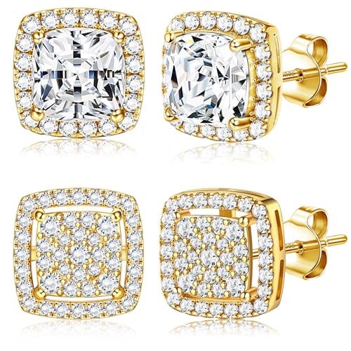 Dochais Cubic Zirconia Stud Earrings for Men Women, 14K Gold Plated Hypoallergenic 925 Sterling Silver Post Earrings Set, Iced Out Round & Square CZ Studs, Simulated Diamond Halo Earrings