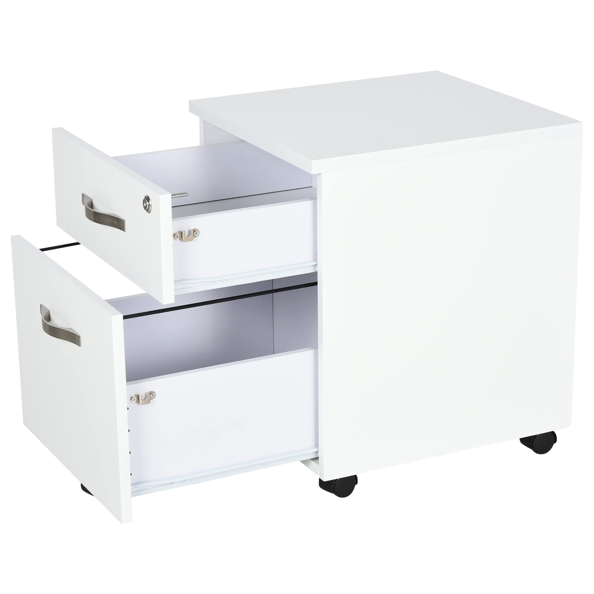HOMCOM Cajonera de Oficina con Reudas Mueble Archivador con 2 Cajones Llave y Riel Colgante Armario para Oficina Estudio Diseño Moderno 40x45,5x52,5 cm Blanco