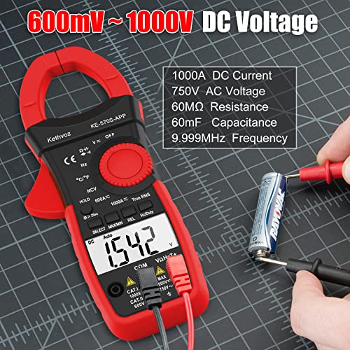 Bluetooth Clamp Meter Zangenamperemeter, Kethvoz Anto Range True-RMS Stromzange NCV Voltmeter 570S-APP Measure AC/DC Spannung Strom,Durchgang Widerstand Kapazität Temperatur