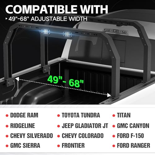 Image of YZONA Adjustable 27-30 inch High Truck Ladder Bed Racks Compatible with Tacoma /Tundra /Ram 1500 / Silverado & Sierra 1500 / F150 /Gladiator JT /Titan /Frontier /Colorado /Canyon /Ranger with 2 LED Lights