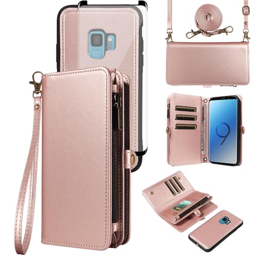 Asuwish - Carcasa para Samsung Galaxy S9 (con cristal templado y cordón, magnético, cadena de piel sintética, con tapa, soporte para Galaxia S 9 9S Edge SM-G960F teléfono Case Mujer Rosegold