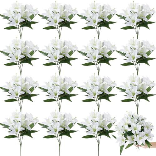 Giegxin 16 Pcs Artificial Tiger Lily Bouquets Silk Faux Easter Lilies with 7 Heads Realistic Spring Flowers for Wedding Centerpieces Home Vase Decor Party & Event Arrangements (White)