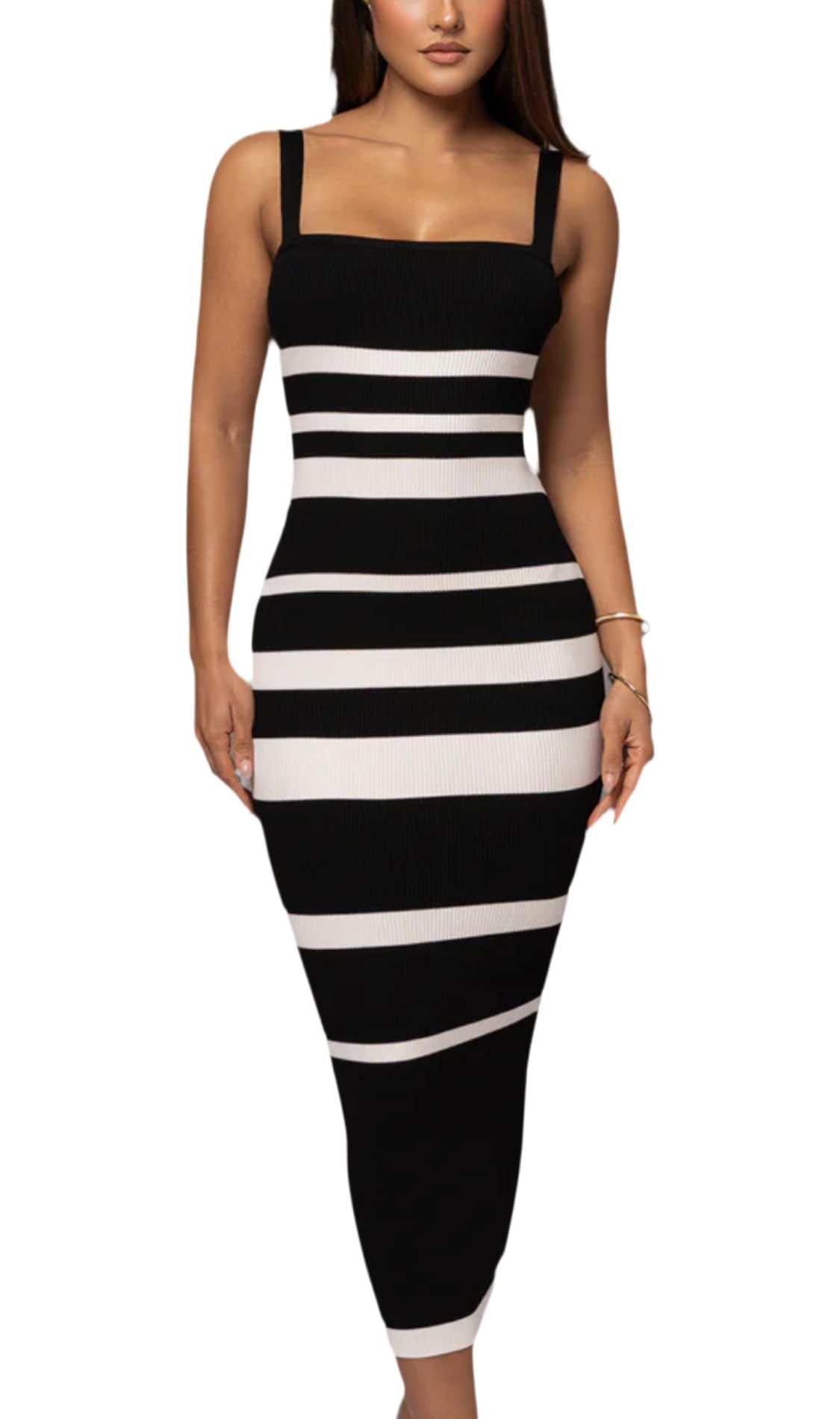 CutieLove Women's Casual Sleeveless Striped Bodycon Midi Dress Square Neck Ribbed Knit Dresses