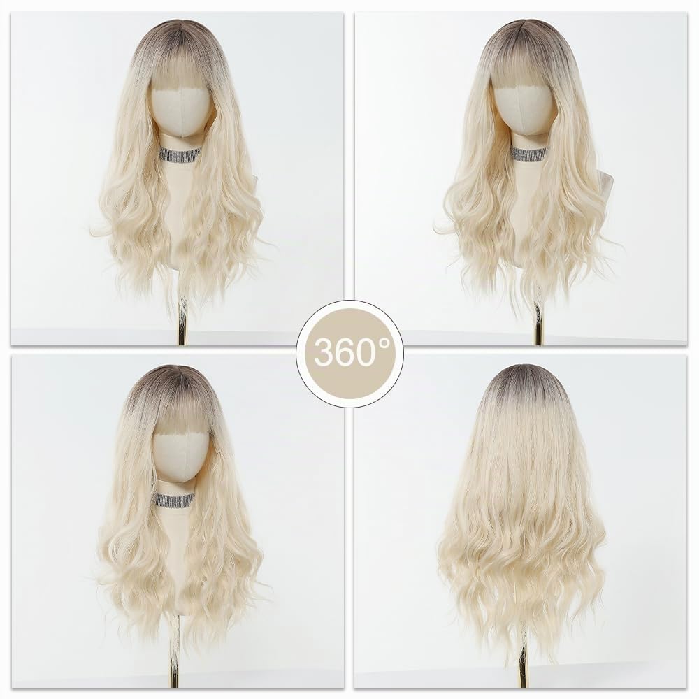 Esmee Peluca Larga Ondulada Rubia Ombré con Flequillo para Dama - 26IN