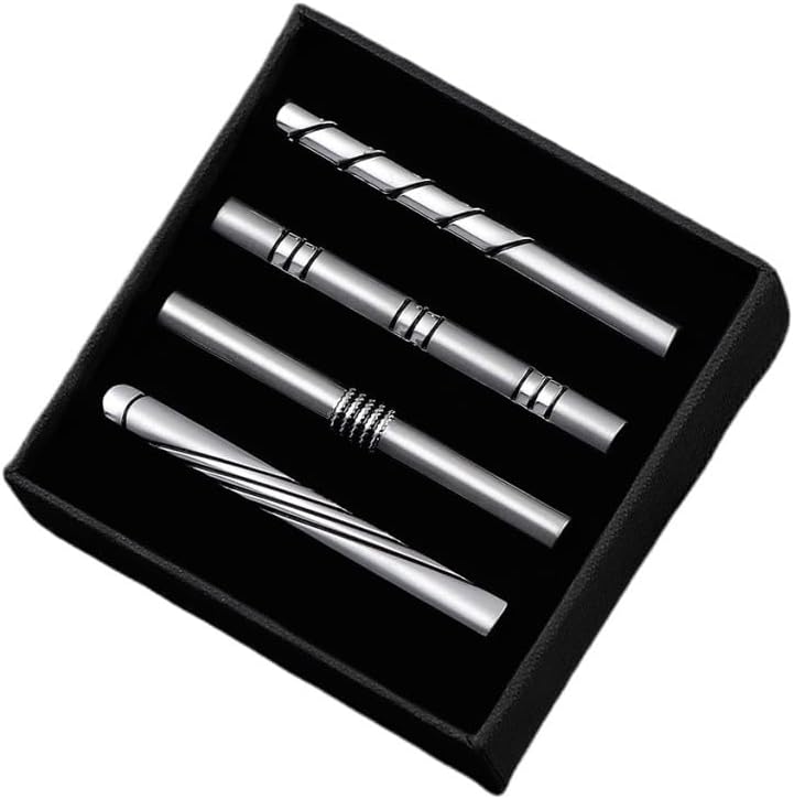 Men's Formal Business Tie Clip Set Silver Striped Tie Clip Chrome Brushed Tie Clip