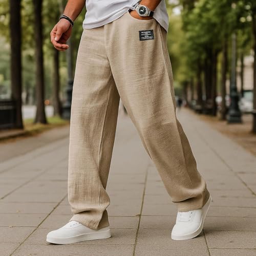 Mokaloha Mens Pants, Cocoparo Men's Casual Hemp Fabric Embroidered Logo Drawstring Loose Elastic Waist Pocket Trousers4