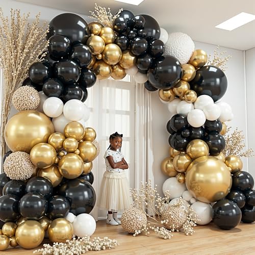 Image of 412Pcs Black and Gold Balloons,18 12 10 5 Inch Different Size Black White Metallic Gold Latex Balloons for Graduation Birthday Wedding Party Decorations