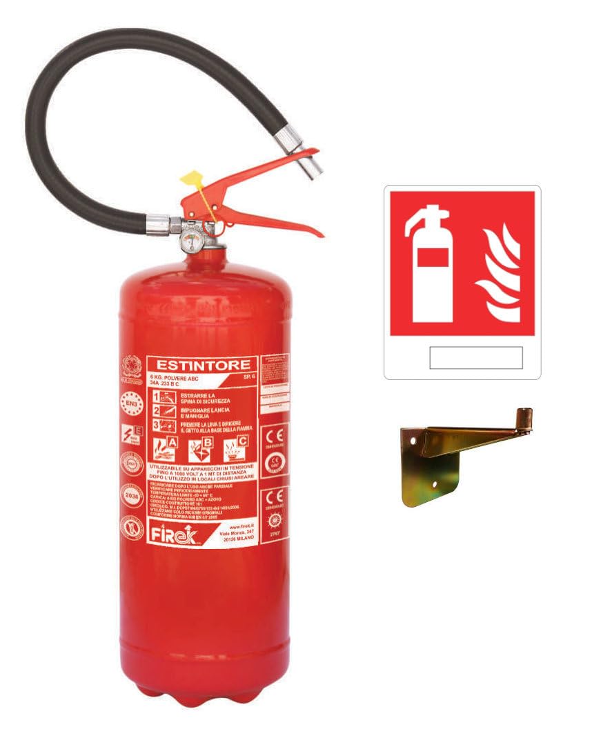 Estintore a Polvere 6kg ABC Omologato 2026 Completo di Staffa a Muro, Cartello e Certificazione E1061A Classe di Fuoco 34A 233B C Pronto all'Uso