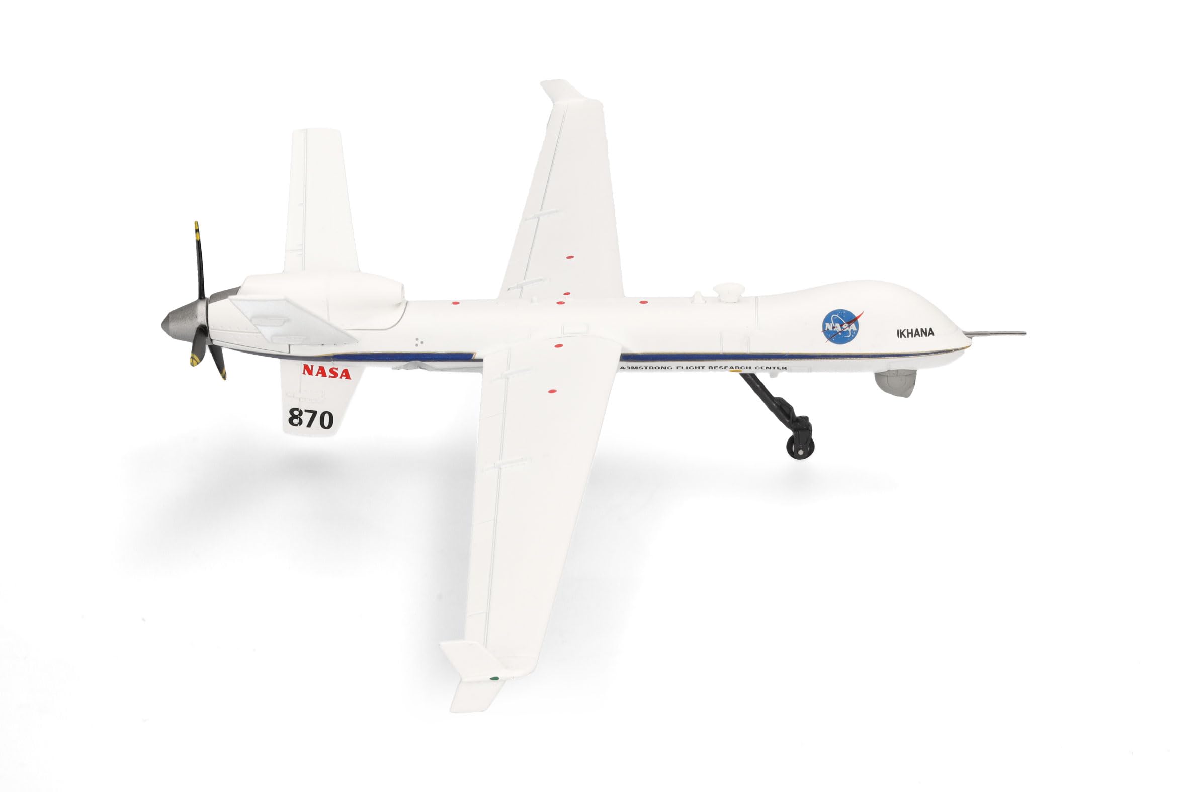 Herpa Modellflugzeug NASA MQ-9A Ikhana, Armstrong Flight Research Center, Edwards Air Base, Miniatur im Maßstab 1:72, Sammlerstück, Modell mit Standfuß, Metall