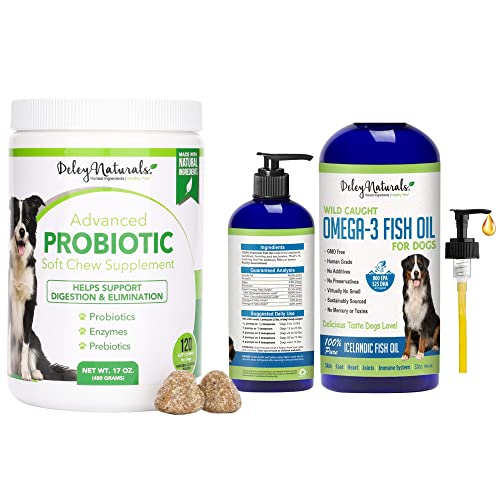 Deley Naturals Probiotics (120 Chews) + Wild Caught Fish Oil (32 Oz) For Dogs - Omega 3-6-9, Gmo Free - Made In Usa #TOP21