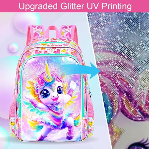 Image of 3Pcs Unicorn Backpack for Girls, 16 inch School Bookbag Set with Lunch Box,Kids Backpacks for Elementary Preschool Kindergarten (Pink)