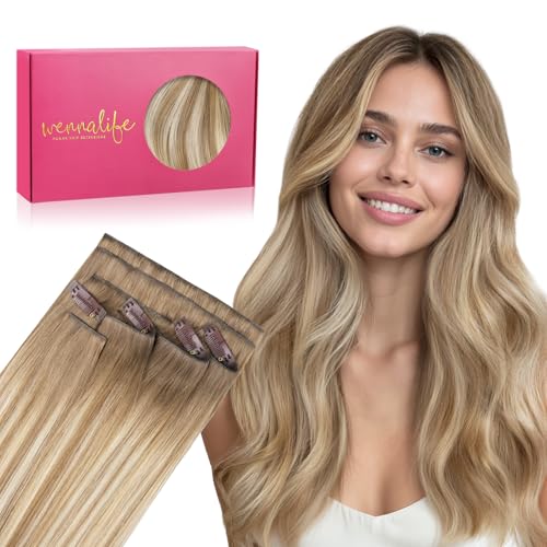 Image of WENNALIFE Invisible Edge Seamless Clip in Hair Extensions Real Human Hair | 20'' 150g 7pcs Balayage Dirty Blonde with Platinum Ends. Ultra-Thin PU Weft, Easy Clip On Extensions, Comfortable