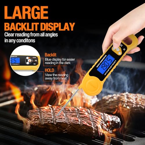 Image of AMMZO Meat Thermometer Digital, Instant Read Food Thermometer - Waterproof w /Backlight for Cooking, Candy, Deep Fry, BBQ, Grill, Candy Making Accessories, Gifts for Men Women(Yellow)