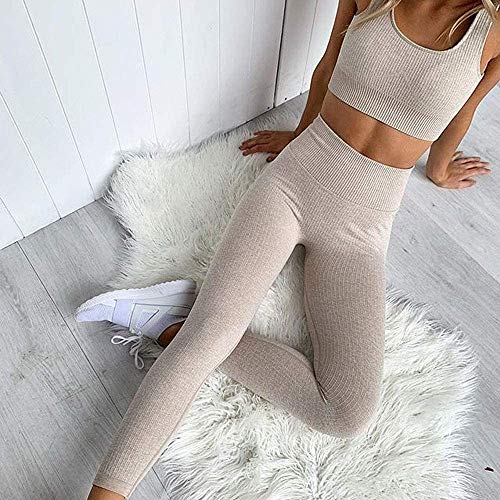 Hotexy Women\'s Workout Outfit 2 Pieces Seamless Yoga Leggings with Sports Bra Gym Clothes Set Light Khaki - Thumbnail 6