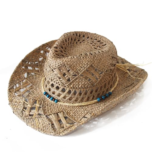 Sombrero de Cowboy de Paja Vaquero Panamá con Banda Occidental Unisex Talla Única Hombre Mujer para Verano Coachella Playa al Estilo Country Brasileño Bohemia Indiana Rafia Natural (Beige)