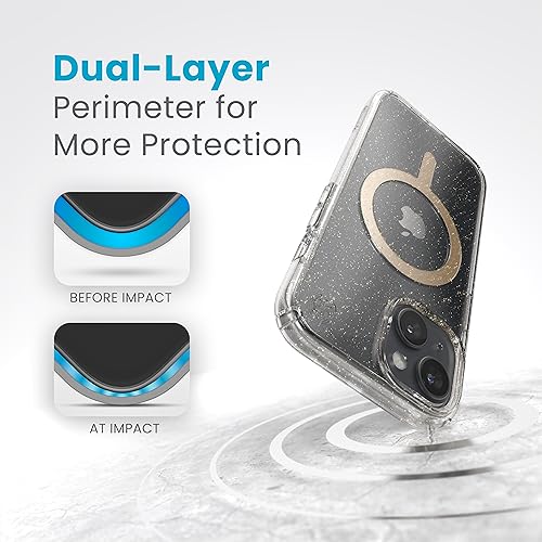 Image of Speck Clear iPhone 15 Case MagSafe - Slim Phone Case - 6.1 inch - Compatible with iPhone 14 & 13 - Presidio Lux Clear /Gold Glitter /Beige