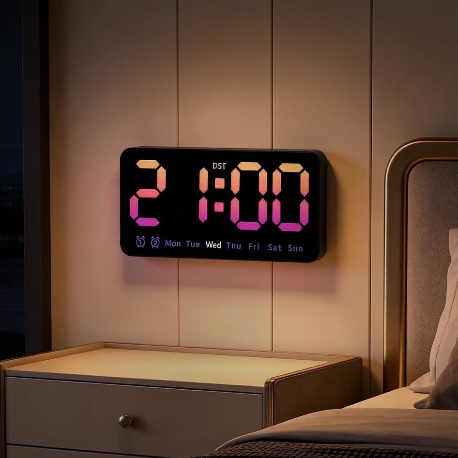 Wxeadu Large Digital Wall Clock, 8.5 Large Digital Clock with Date Week Temperature, DSt LED Wall Clock,3-Level Brightness & Countdown Timer - Perfect (Pink)