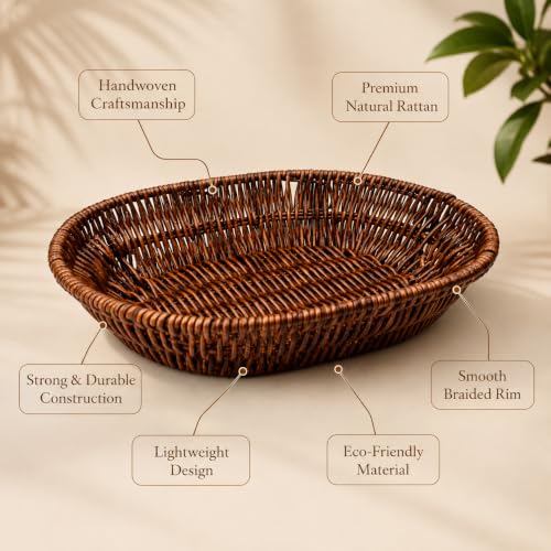 Image of Oval Bread & Roti Serving Basket | Restaurant Style Chapati & Naan Basket for Dining Table | Brown Tabletop Bread Basket for Home, Hotel & Cafe