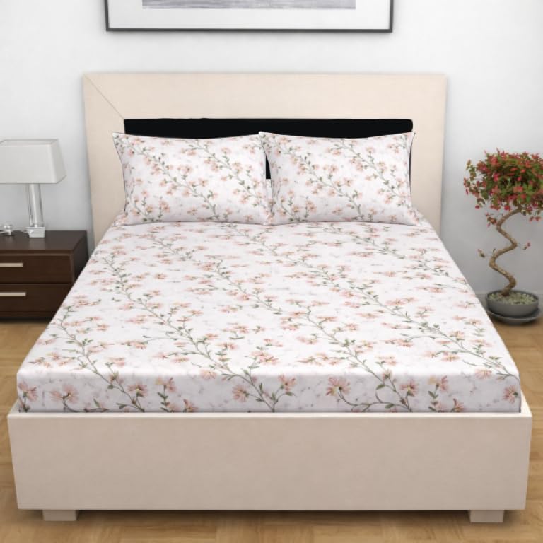 Image of Designer Floral Printed Flat Bedsheet for Double Bed 200tc to 220tc | Ultra Soft Cotton Fabric | King /Queen Size Top Sheet with 2 Matching Pillow Covers - 228 x 228 Cm, White Flower