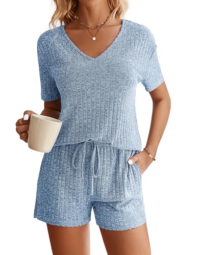 Image of Ekouaer Womens Ribbed Knit Lounge Set Short Sleeve Top and Shorts Sleepwear Pajama Set Two Piece Shorts Outfits Set