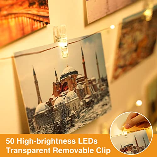 slochi Foto Lichterkette, 5M 50LED USB Fotoclips mit Klammern für Fotos 8 Modi mit Fernbedienung Bilder für Zimmer Wohnzimmer Weihnachten Hochzeiten Warmweiß
