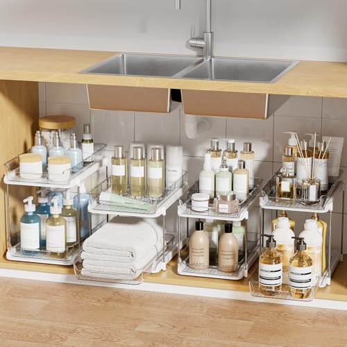 Image of Delamu 2-Tier Multi-Purpose Bathroom Under Sink Organizers and Storage, Stackable Kitchen Pantry Organization, Pull Out Medicine Cabinet Organizer with Movable Dividers, White, 4Pack