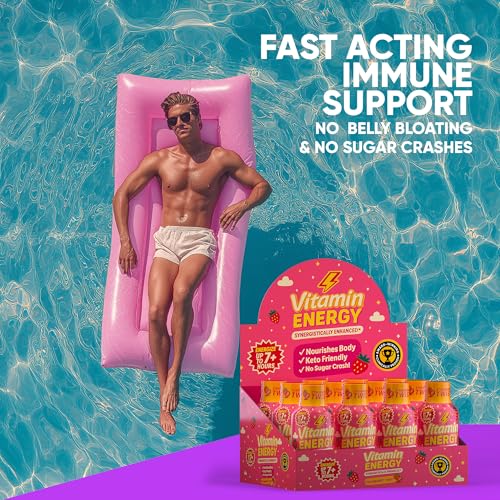Image of Vitamin Energy Immune+ Extra Strength Energy Shot Strawberry Twist 10 Pack, 260mg Natural Caffeine, B-Vitamins, Citicoline, Green Tea, Immunity & Focus Support, Zero Sugar, Gluten-Free 1.93 fl oz