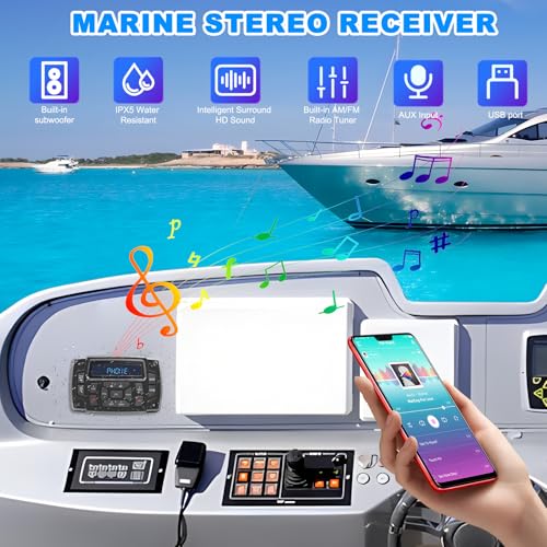 Image of Geloo Marine Radio Receiver Waterproof Boat Stereo Radio System with AUX-in Subwoofer Pre-Amp EQ, AM /FM Radio Receiver Digital Media MP3 Player USB Input for Motorcycle Boat Golf Cart Truck