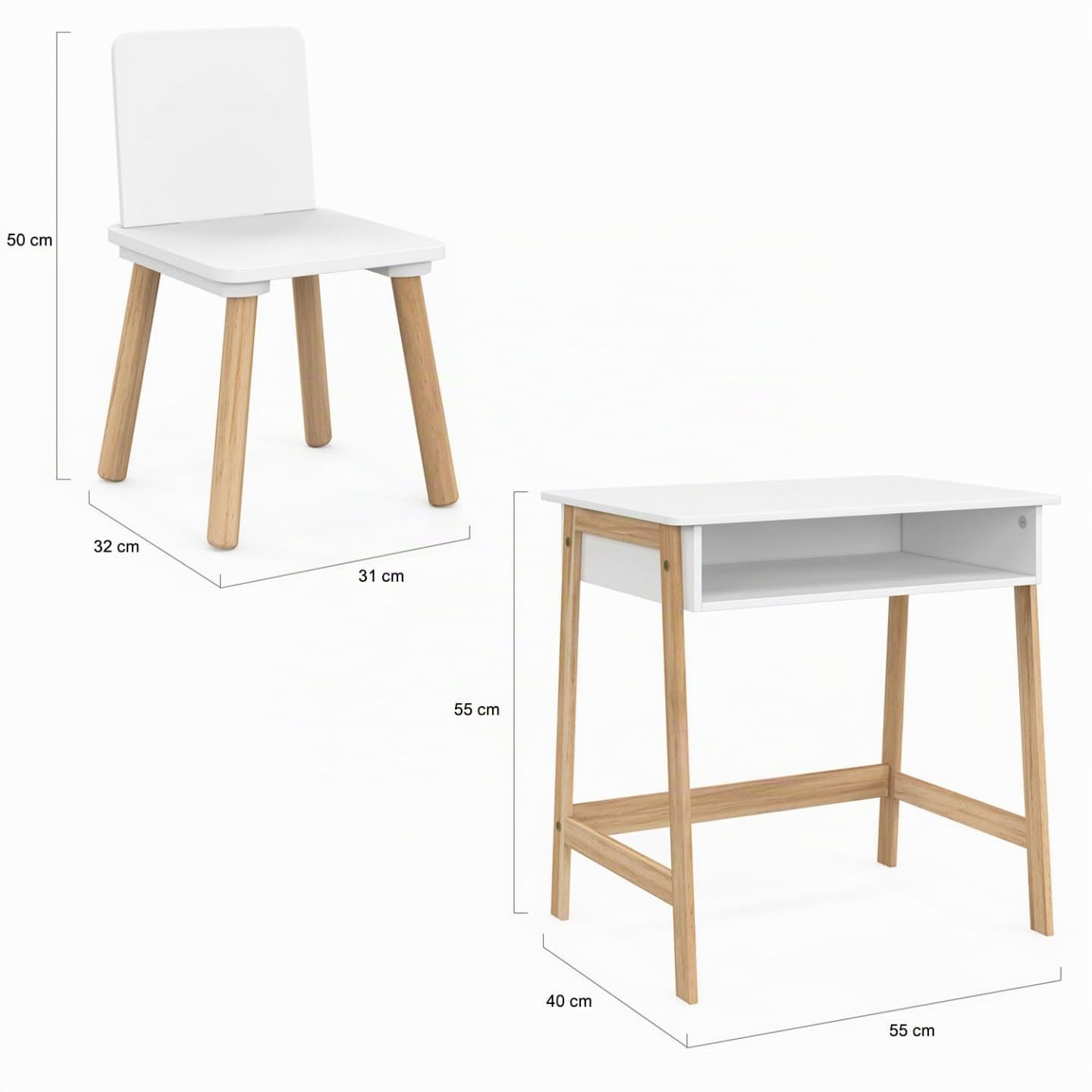IDMarket – Conjunto de escritorio + 1 silla infantil Anatole con nicho blanco y madera
