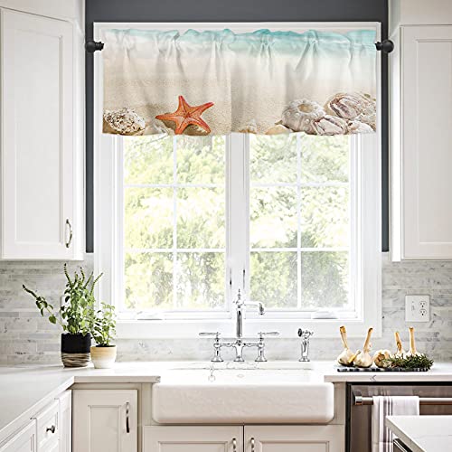 Summer Beach Starfish Valance Curtain For Kitchen,Coastal Ocean Window Valances Rod Pocket Drape,Sea Conch Windows Treatment For Bedroom Bathroom Laundry Room 54X18In Decor #TOP1