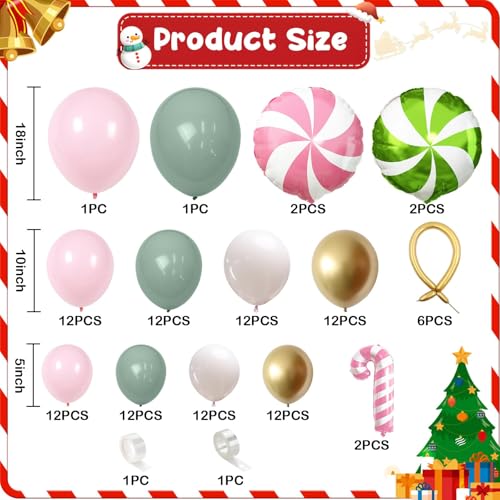 Christmas Balloon Garland Arch Kit, 112Pcs Green Pink and White Gold Latex Balloons with Candy Cane Mylar Foil Christmas Balloon for Girls Xmas Birthday Wedding New Year Candyland Party Decorations - Image 3