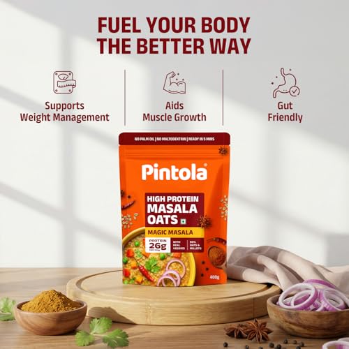 Image of Pintola 26g High Protein Masala Oats 400g, Magic Masala, Breakfast Cereal with High Fiber & Veggies, No Palm Oil, No Preservatives, 5 min Healthy Snack, Helps Manage Weight, Gym Endurance & Gut Friendly