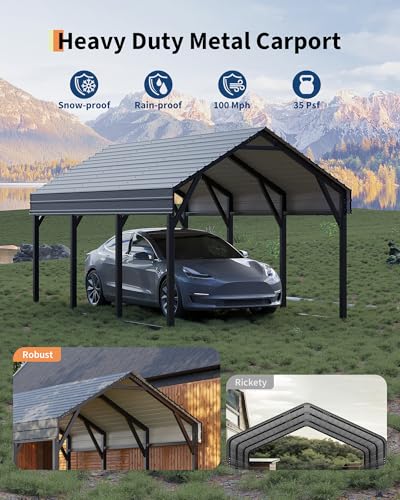 Image of GarveeLife 10x15 FT Metal Carport Kits, Reinforced Frame and Steel Roof for All-Weather Use, Permanent Shelter for Bass Boats, Sedans, and Tractors, Gray