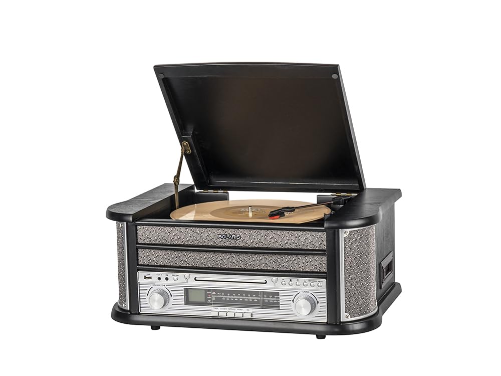 Giradischi in vinile Bluetooth 5.0 multifunzione 5 W RMS, CD, cassetta, FM, registrazione USB