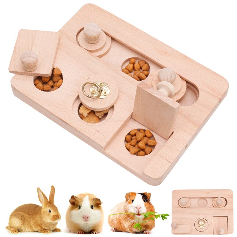 Jspupifip Guinea Pig & Hamster 6 in 1 Wooden Enrichment Interactive Hide Treats Dispenser Foraging Toys for Small Animals