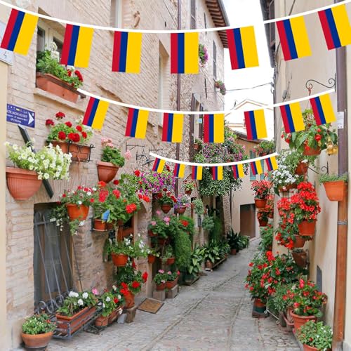 Image of AhfuLife 60 Pcs Colombia String Flags for Party Decorations, Small Colombia Flag Bunting Banner- Double Sided for National Day Football Fan Party Heritage Hispanic Month Decorations (5.5x8.3 Inch -33 Ft)