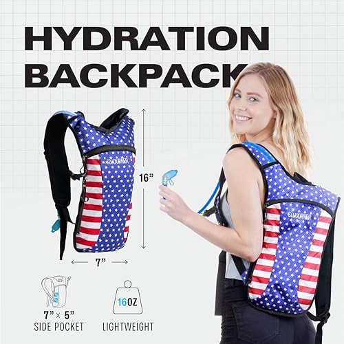 Image of SOJOURNER Hydration Pack Backpack - 2L Water Bladder Included for Festivals, Raves, Hiking, Biking, Climbing, Running and More (USA - American Flag)
