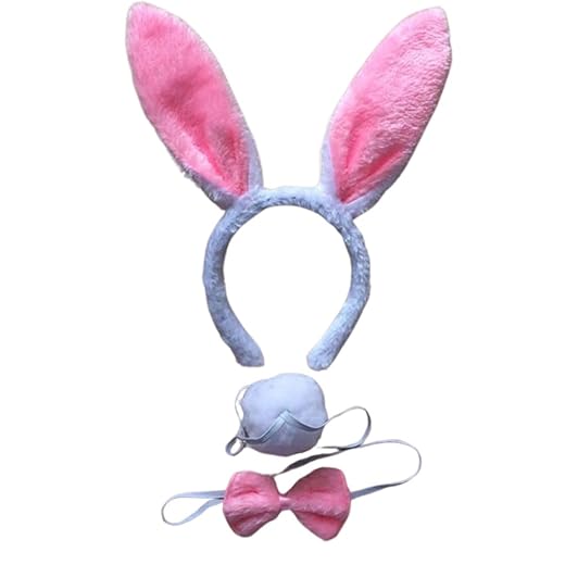 Kit Fantasia Coelhinha Tiara/Gravata/Rabinho Coelho Branco com Rosa