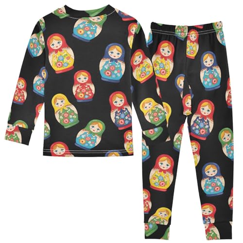 Pajama Sets Long Sleeve Matryoshka Dolls on Black Soft Comfy Sleepwear 2 Piece PJS 3-8T3
