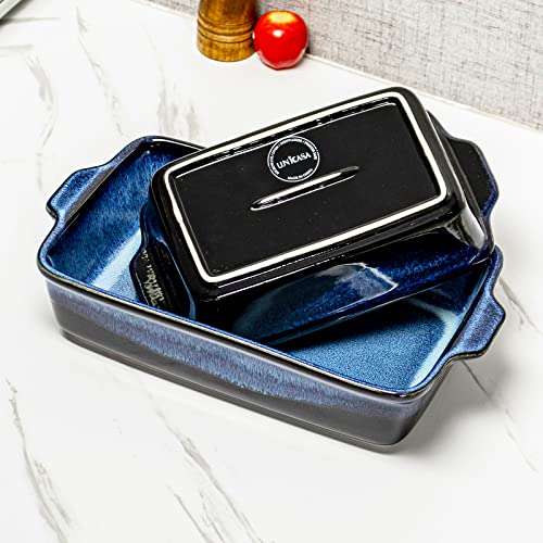 Unicasa Casserole Baking Dish Set - Ceramic Lasagna Loaf Pans, Oven Safe Rectangular Bakerware Set With Handle For Kitchen Cooking, Bread, Brownies, Banquet And Dinner 11 X 7'' - 2 Piece, Blue #TOP6